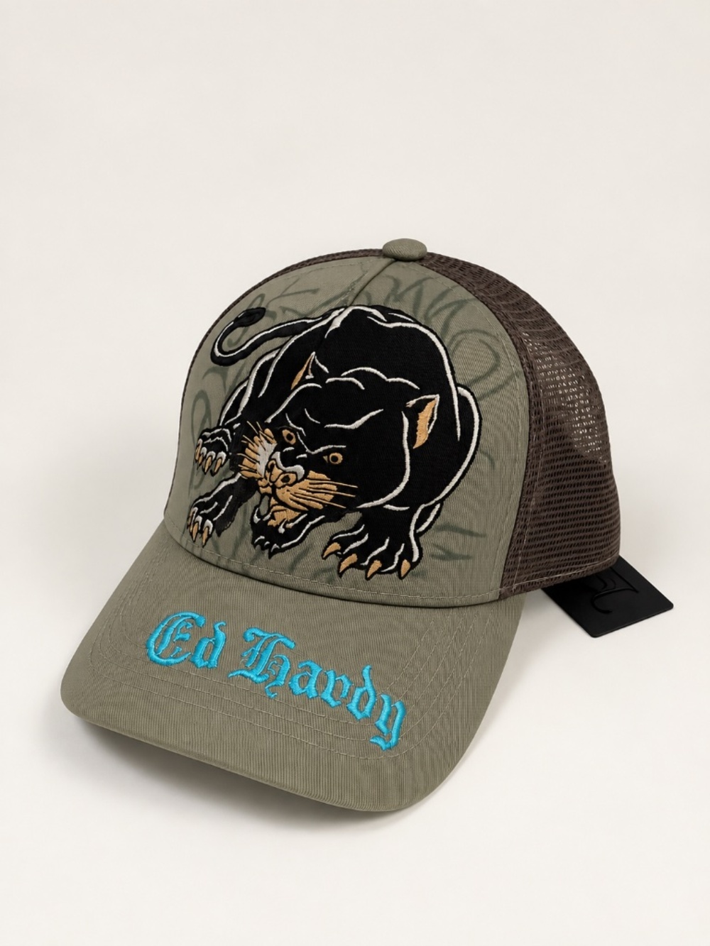Ed Hardy Crouching Panther Trucker Hat Embroidered Olive Mesh Snapback Cap NWT